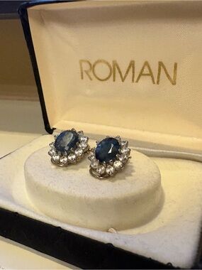 Deep Blue Sapphire Halo Stud Earrings with Clear Accents